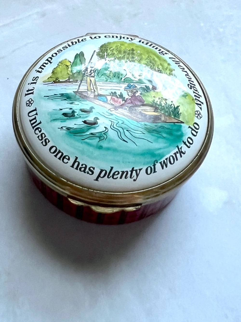 Halcyon Days Retirement Enamel Box Large Scenic Watercolor Sailboat Idling Quote